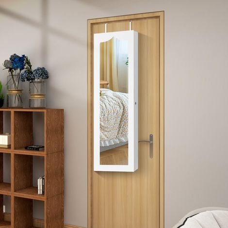 Armoire à Bijoux Murale LED avec Miroir 6 Tiroirs Hauteur du Crochet Ajustable 120x36,5x11,5CM Blanc Maison Chic (1/4)