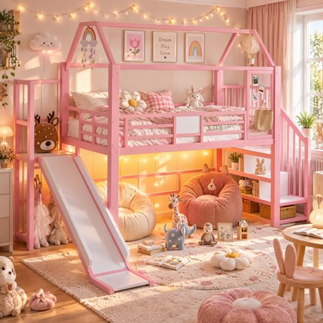 JOOKGBD-Lit Mezzanine Enfant 90×200cm Rose Style Maisonnette, Toboggan Ludique, Escalier de Rangement, Éclairage LED Contrôlable par Bluetooth,Espace de Jeu Sous le Lit pour Chambre de Fille (1/5)