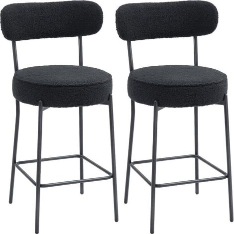 Ensemble de 2 tabourets de bar avec assise et repose-pieds rembourrés, revêtement polaire, structure en métal, noir (1/5)