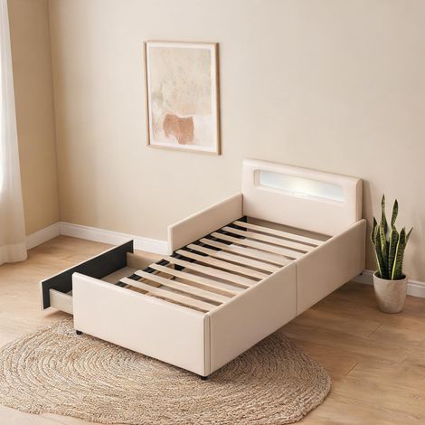 Cadre de lit beige en upholstered 213 x 97 x 70 cm (1/5)