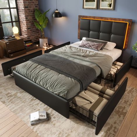 lit adulte rangement LED 90x200 tête réglable PU noir OKMYHOME (1/5)
