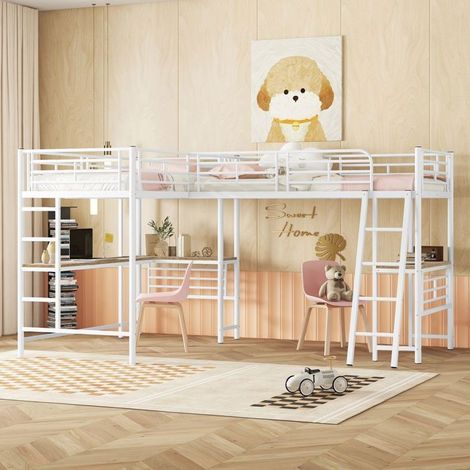 Lit mezzanine enfant 90×200 cm Lit 1 personne 2 place Table sous le lit, double escalier, garde-corps hauts, blanc (1/5)