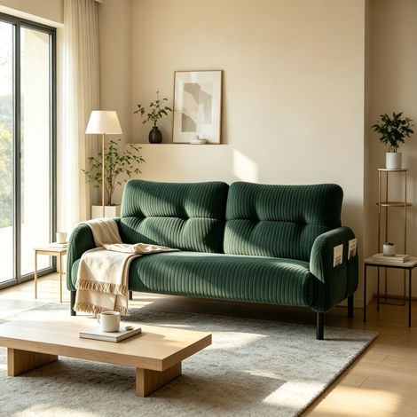Canapé droit 2 places en velours côtelé – Assise rembourrée dossier haut poches de rangement latérales – Confort salon chambre bureau à domicile – Dimensions 120x79 – Vert (1/5)