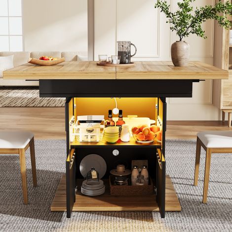 Table extensible avec rangement et éclairage LED, 110-140 cm, étagère réglable, charge max 60 kg, bois noir (1/5)