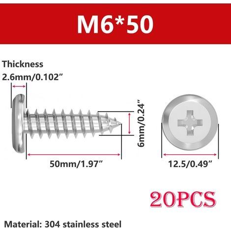 20 Pièces Vis Autotaraudeuses Acier Inoxydable 304, Vis à Tête Ronde Plate Cruciforme, M6 x 50 mm Fixations, pour Les Meubles à la Maison Machines (1/5)