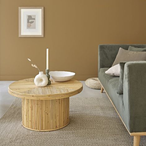 Berah Getah – Table basse ronde en canne de rotin naturel – Hauteur 40 cm – Diamètre 80 cm – Épaisseur plateau 5 cm – Style bohème (1/5)