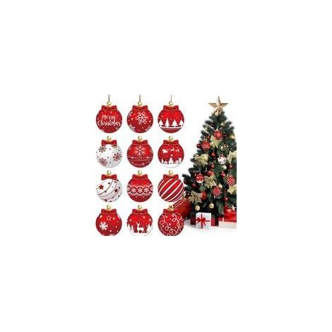 Lot de 12 boules de Noël rouges et blanches à suspendre en bois - Décorations festives pour sapin de Noël avec flocons de neige, rennes et Père Noël (1/5)