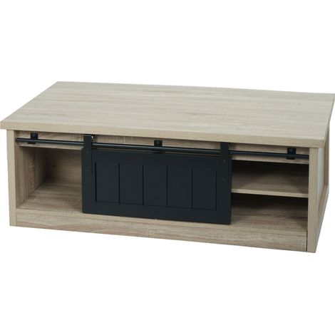 Mesa de centro HHG-633, mesa auxiliar de salón, puerta corredera 6 compartimentos, metal imitación madera 44x120x60cm, color natural (1/5)