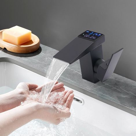 Schwarze Wasserfallarmatur mit LED-Digitalanzeige, Bad- und Küchenarmatur, Spültischarmatur, 12 V