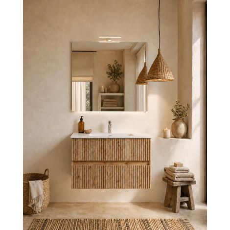 Mobile bagno 60x46 Panama cannettato rovere naturale con lavabo e specchio (1/5)