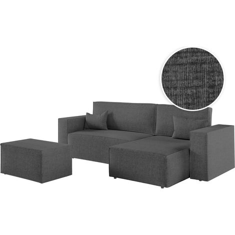 PACK - CLARISSE - Canapé d'angle convertible réversible avec pouf en tissu texturé 3D - Gris foncé (1/5)