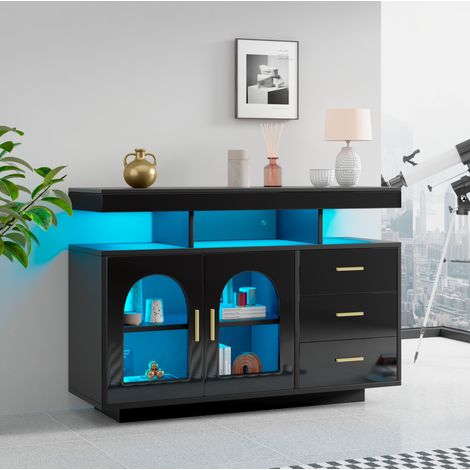 Credenza in truciolare nero lucido 120x40x80 cm con 3 cassetti, 2 ante acriliche, vani aperti e LED RGB (1/5)