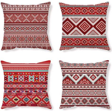 Pillow covers, cushion covers, ethnic-style pillow covers, red pillow covers, abstract pillow covers, linen pillow covers, geometric pillow covers, 45x45 cm pillow covers, set of 4 for sofa, bedroom, 
