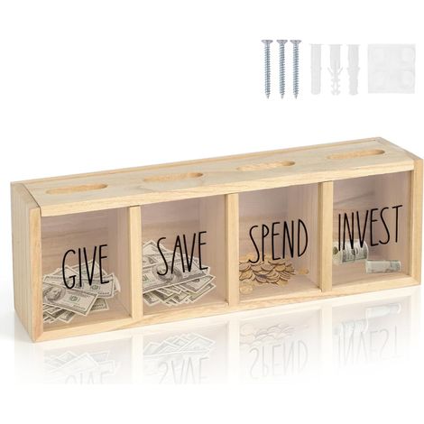 Tirelire en bois pour enfants – Tirelire transparente pour pièces et billets, idéale pour dépenser, épargner, offrir et investir convient aux garçons, aux filles et aux adultes (1/5)