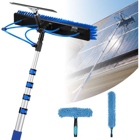 VEVOR Kit Nettoyage pour Panneaux Solaires 4,6 m Brosse Telescopique Nettoyage Passage Eau Perche Alliage Alu pour Panneaux Solaires Toit, avec Tete Brosse Rotative 180°, Raclette, Distributeur Savon