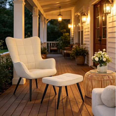 Relaxsessel mit Hocker aus Cord in Cremeweiss, Metallgestell, 50 x 49 x 97 cm (1/5)