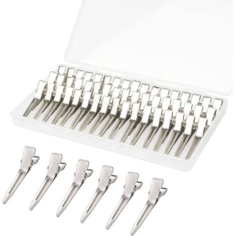 60 pinzas para el cabello tipo cocodrilo, pinzas de metal plateado de 4,5 cm para guardar objetos, pinzas para el cabello para peluquerías caseras. (1/5)