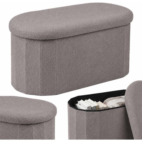 Dark Gray Teddy Fabric Storage Bench, Oval Shape (1/5)