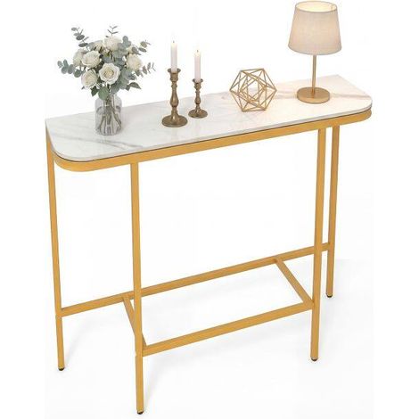 Table console blanche avec plateau effet marbre et structure métallique (1/5)