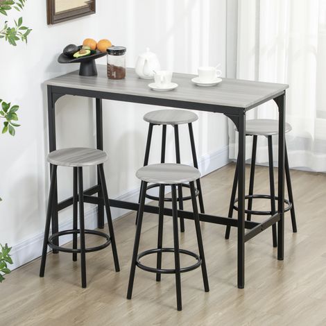 Mobilier Ensemble table haute et 4 tabourets avec Repose-Pieds métal et aspect bois pour cuisine salle à manger HaChi - noir