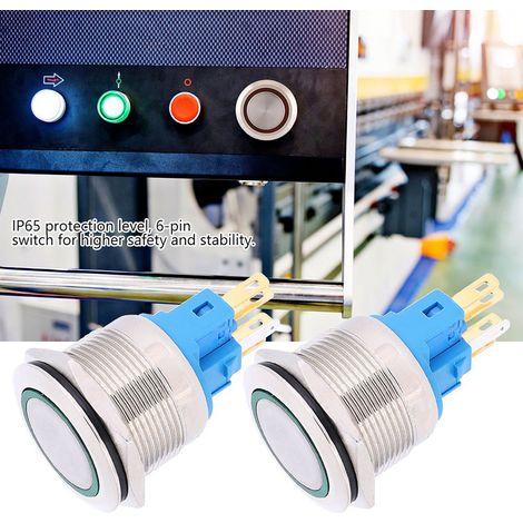 2 interrupteurs bouton poussoir 22mm 6 broches IP65 12-24V CC avec anneau lumineux vert, remise à zéro, accessoires (1/5)