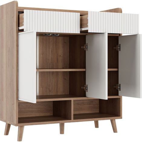 Buffet meuble à chaussures avec 3 portes, 2 tiroirs et compartiments pour chaussures – meuble à chaussures avec pieds en bois, blanc/aspect bois, idéal pour l’entrée et le couloir, dimensions: 90x35x1 (1/5)
