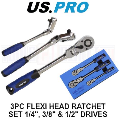 US PRO RATCHET SET 3PC REVERSIBLE FLEXIBLE HEAD 1/4"" 1/2"" 3/8"" 4209 (1/4)