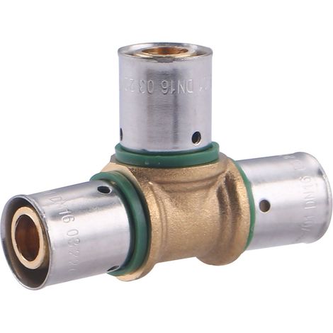 Noyon & Thiebault – Té égal à sertir pour tube PER Ø16 – Raccord laiton – Sertissage avec mâchoires TH – Résistance jusqu'à 6 bar – Alimentation eau potable