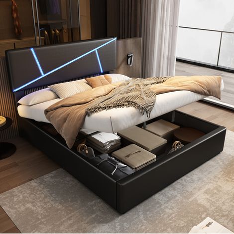 Cama arca 140x200 cm - Cama doble - Con cabecero con LED - Con somier de lamas - En PU - Negro (1/5)