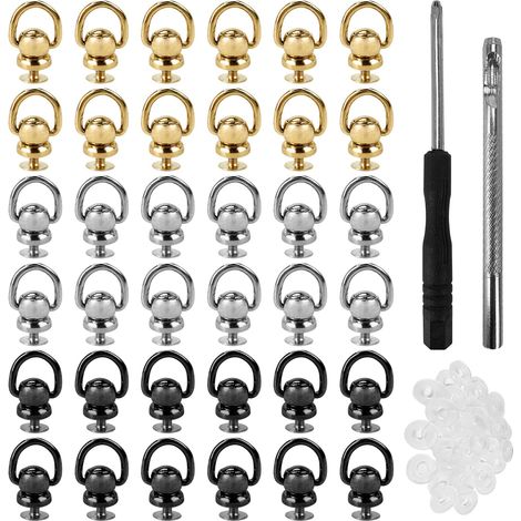 Lot de 36 rivets, anneaux en D, anneau en D, vis à anneau en D, rivet avec tournevis, perforateur de trou, rivet pour sacs en cuir, sacs de téléphone portable, dorés, argentés, noirs (1/5)