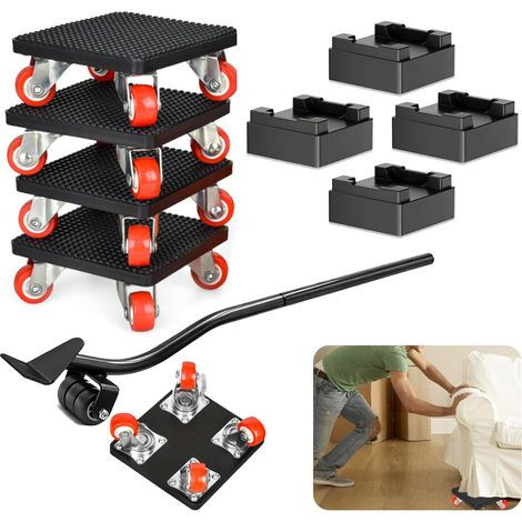 Kit de leviers pour meubles, roulettes avec barre d'extension 630 mm, 4 roues pivotantes 360°, charge max 500 kg, pour déplacer réfrigérateurs, canapés et machines à laver (1/5)