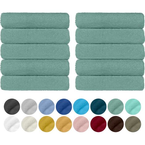 Set 10 Teli Asciugamani In Cotone Professionali 50 x 95 Cm Vari Colori Qualità Hotel 350Gr Salviette Tinta Unita Salvietta Spugna Albergo Salvia