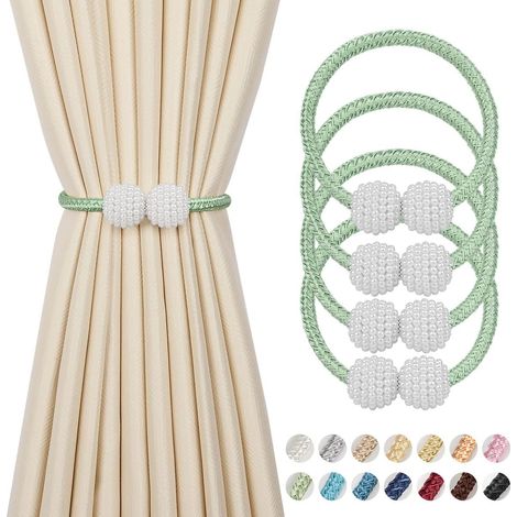 APEX 4 Pieces Magnetic Curtain Tie Backs -Pearl Ball Curtain Magnetic TieBacks, European Drapes Clips Rope Holdbacks , Green (1/5)