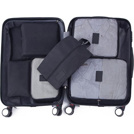 Lot de 7 cubes de rangement imperméables anti-salissures en toile Oxford, organiseurs de valise pour voyage, noir (1/5)