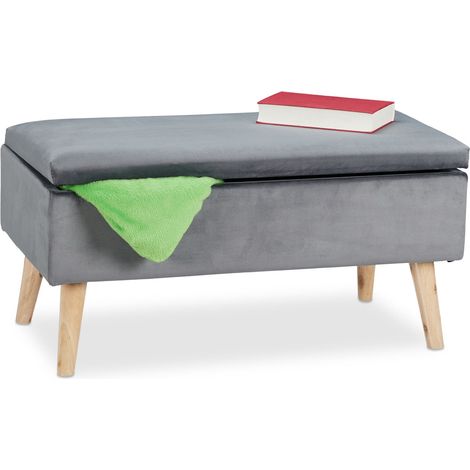 Relaxdays ottoman storage bench, velvet upholstery, 40l capacity, padded seat, wooden legs, seating furniture, dark grey