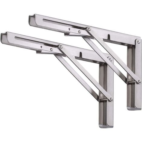 Equerre pliable Équerres pour Étagères, Lot de 2 Pcs Support d'étagère Pliant en Acier Inoxydable, Equerre Rabattable Murale - Equerre Escamotable avec Vis - 350mm x 175mm - (14 Inch) Argent (1/4)