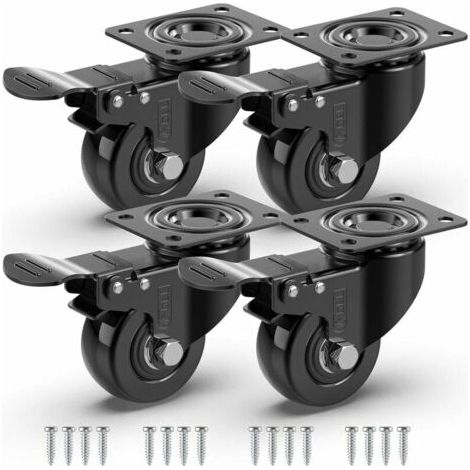 x 2" schwenkbare Möbelrollen mit Bremse + Schrauben – 50 mm, max. 280 kg – Schwerlastrollen mit Bodenmarkierung – Gummiräder – Schwarz