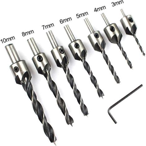 Paquet de 7 forets fraisés HSS 5 pour le perçage de chanfrein du bois clé de 3 à 10mm, foret d'ouverture de chanfrein à positionnement réglable (1/4)