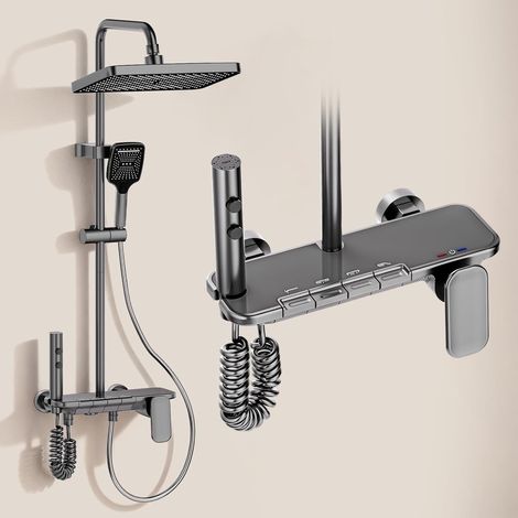 Colonne de Douche Gris Fusil Miroir avec Mitigeur - Touches Piano 4 Fonctions - Système de Douche Moderne avec Tête de Douche XXL Carrée, Douchette 3 Jets - Tube Inox Réglable 950-1350mm (1/5)
