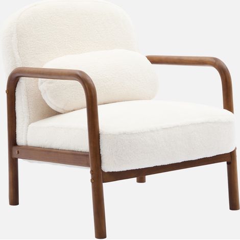 Poltrona scandinava in legno di hevea tinto noce e pelliccia sintetica (1/4)