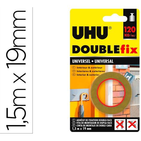 UHU Doublefix Universel - Cinta adhesiva de doble cara, ultra fuerte, 120 kg de resistencia, blanca, rollo de 1,50 M X 19 mm
