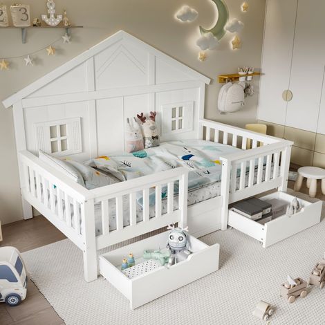 Lit cabane 90x200 cm - Lit enfant 90x200 cm - Lit simple en bois avec toit, fenêtres et 2 tiroirs de rangement - Blanc (1/5)