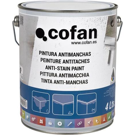COFAN pintura antimanchas al disolvente 4 l , Pintura para decoración de interiores al disolvente indicada para eliminar manchas de nicotina, grasa, humos, suciedad, etc., en pared