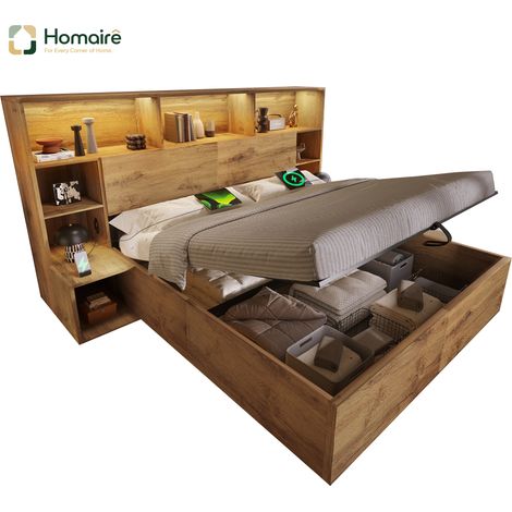 Cadre de lit en tissu chêne avec rangement et port USB 217 x 234 x 119 cm HOMAIRE (1/5)