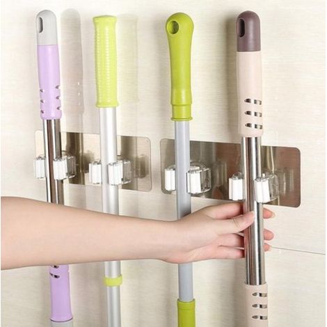 1 pièce - Support mural pour balai et outils - Système de rangement autocollant sans perçage - Porte-balai - Organisateur pour outils de jardin et ménage (1/5)