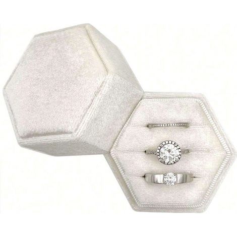 1 boîte à alliances en velours, hexagonale, 3 emplacements, boîte à triple emplacement, adaptée pour le jour du mariage, cérémonie de mariage, support pour alliances, boîte pour plusieurs bagues (1/4)
