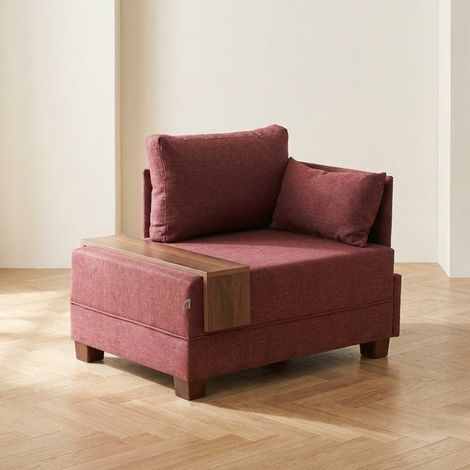 Modern Sessel Bordeauxrote Stofffliege – rechts – mit Holztisch