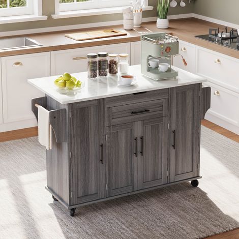 Isla de cocina 136x70x92 cm gris MDF con encimera extensible, cajones y ruedas (1/5)