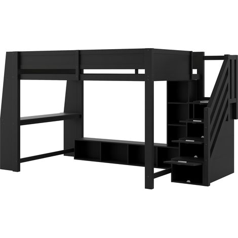 Hochbett 140 x 200 cm mit Schreibtisch, Stauraum und Leiter, schwarz (1/5)
