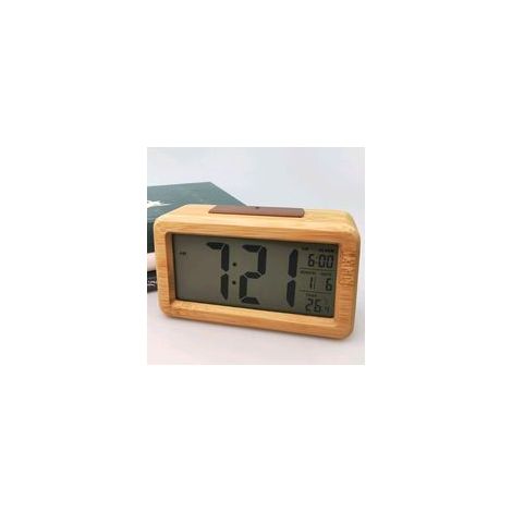 Réveil étanche en bambou et bois avec lumière – fonctionne avec 3 piles AAA – comprend un thermomètre et un calendrier – fonction snooze – capteur de luminosité (1/4)